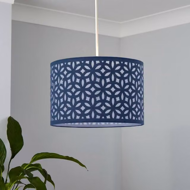 First Choice Lighting Navy Blue Laser Cut Fabric Cylinder Pendant Light Shade, Diameter: 30 cm