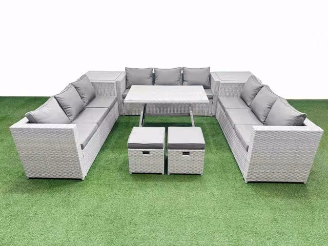 Fimous 11 Seat PE Rattan Garden Furniture Set with 2 Side Tables and 2 Stools in Light Grey
