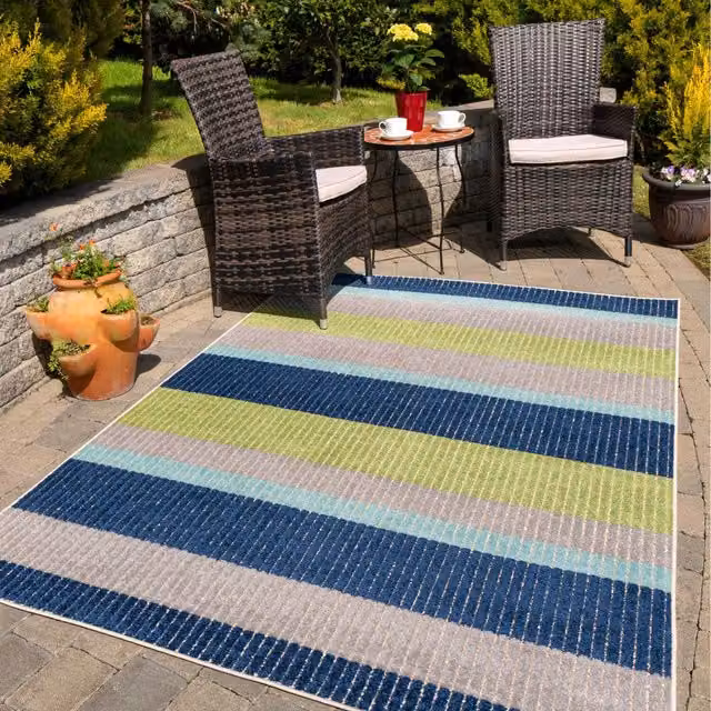 The Rug House Blue Striped Textured Weatherproof Outdoor Garden Rug W: 290 cm, D: 200 cm