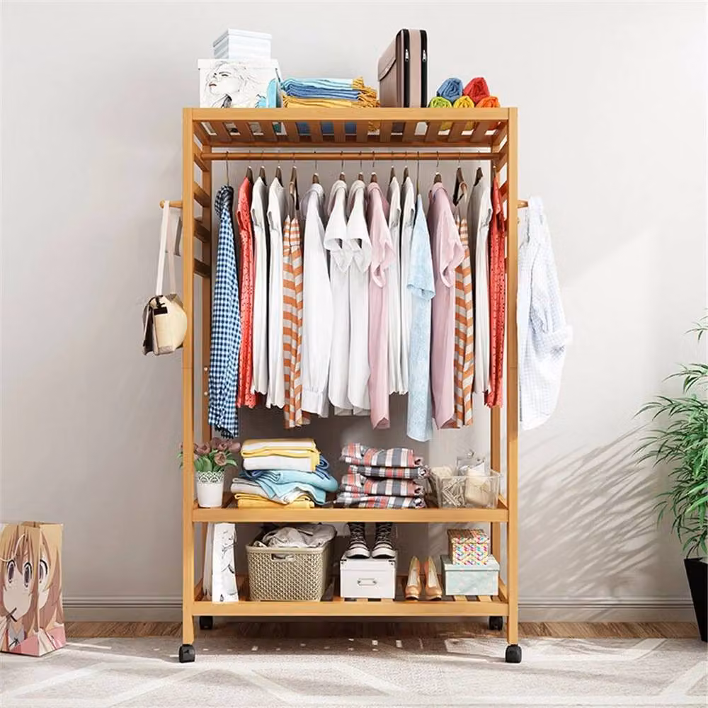 Kelvenix Bamboo Clothes Rail Garment Storage in Natural Brown – 2