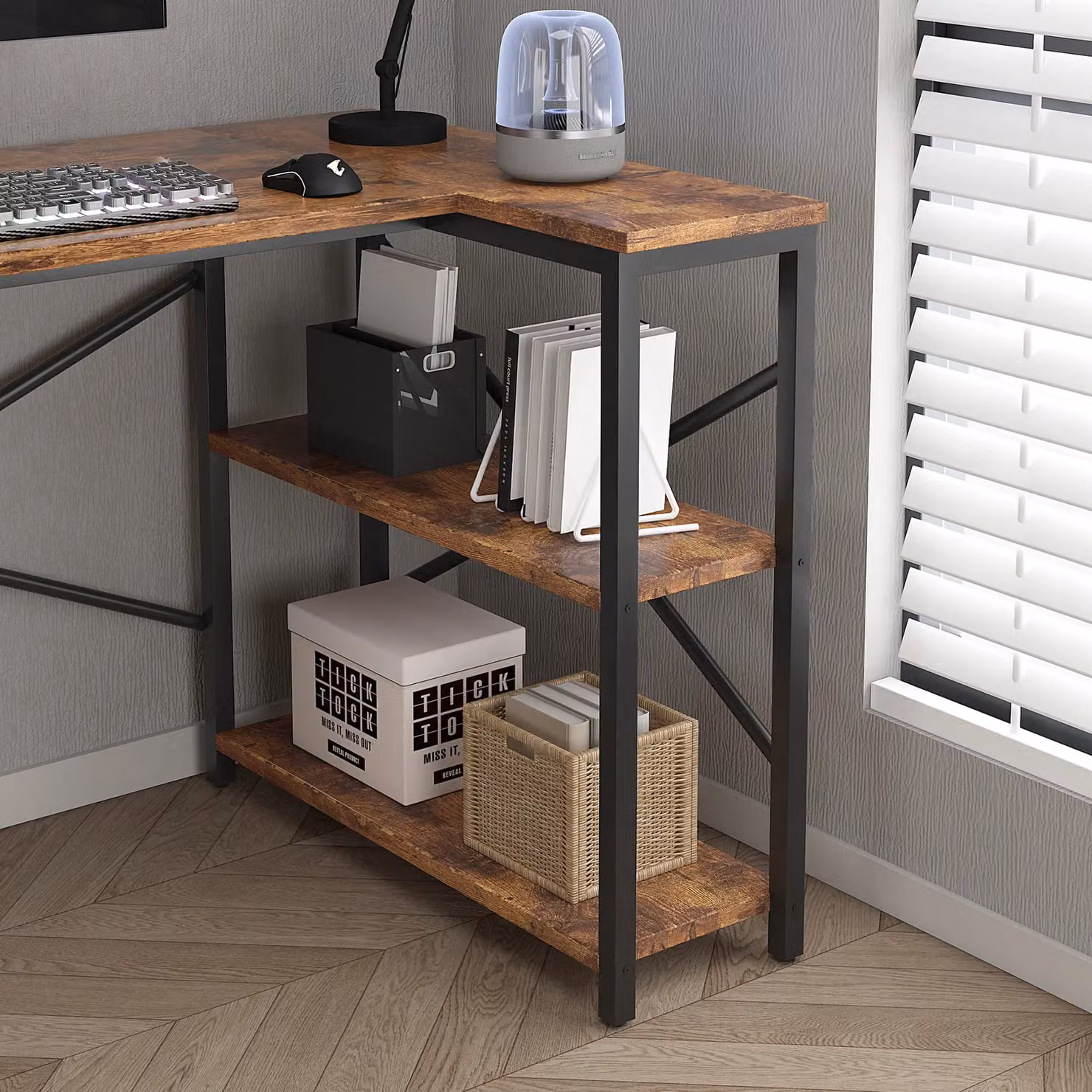 MCC Direct Lotus L-Shaped Corner Computer Desk with Adjustable Shelves, Black, W: 100 cm – 3