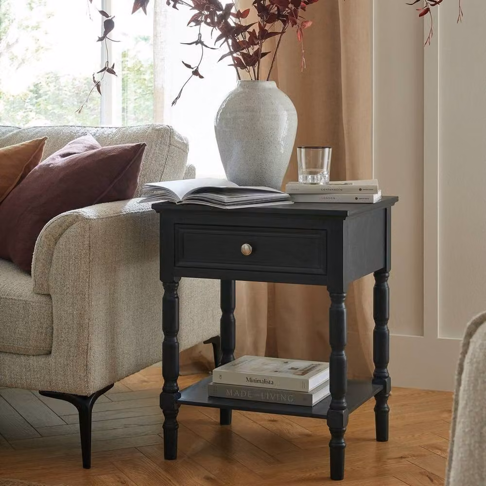 Lemon Pavilion Contour Collection 1 Drawer Side Table in Black Wood, W: 48 cm, D: 48 cm, H: 61 cm – 3
