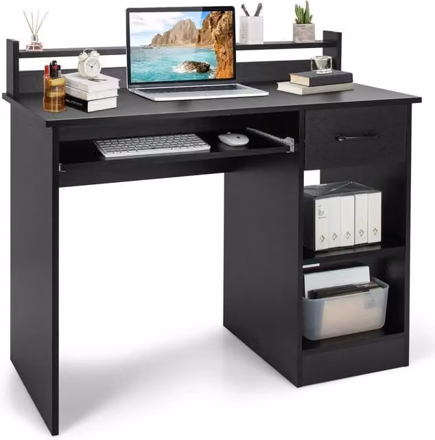 Costway Black Wooden Computer Desk with Keyboard Tray and Writing Workstation – 1