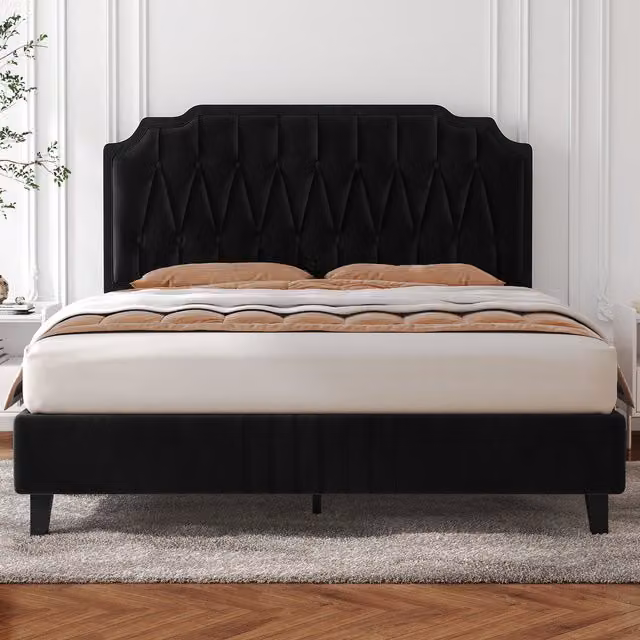 Yaheetech Art Deco Upholstered Velvet Bed Frame in Black, W/D/H: 180 x 200 cm