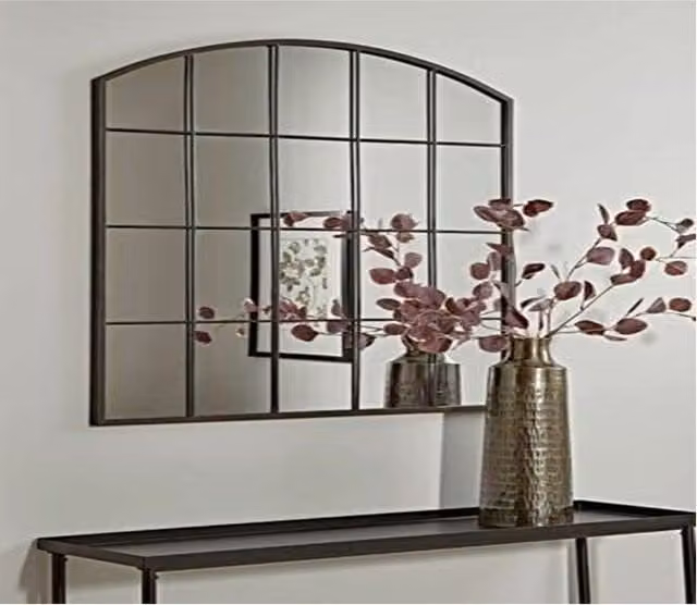 Biznest Black Arch Rectangle Window Style Industrial Wall Mirror with Metal and Glass