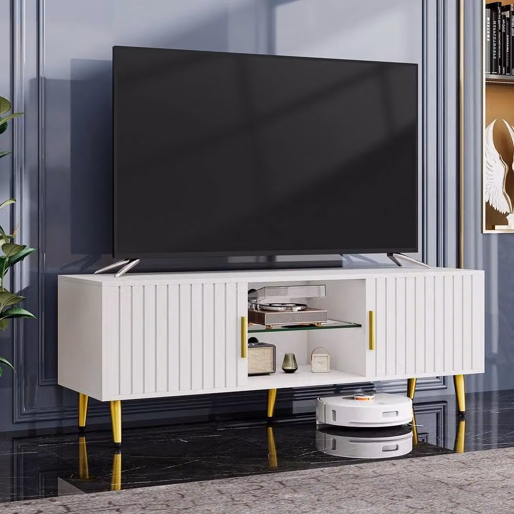 FORGEVIO Modern White TV Unit with Integrated Lighting, W: 140 cm, D: 48 cm, H: 40 cm – 3