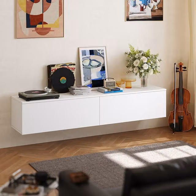 Livingandhome Modern Floating Wall-Mounted TV Cabinet with Open Up and Down Doors in Matt White
