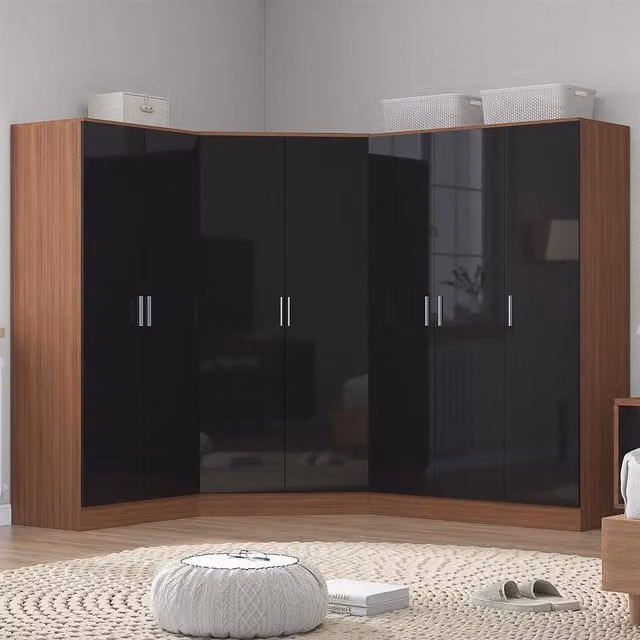 REFLECT Wardrobe Bundle in Walnut and Black Gloss, featuring Corner, 3-Door and 2-Door Units with Soft-Close Doors and Drawers