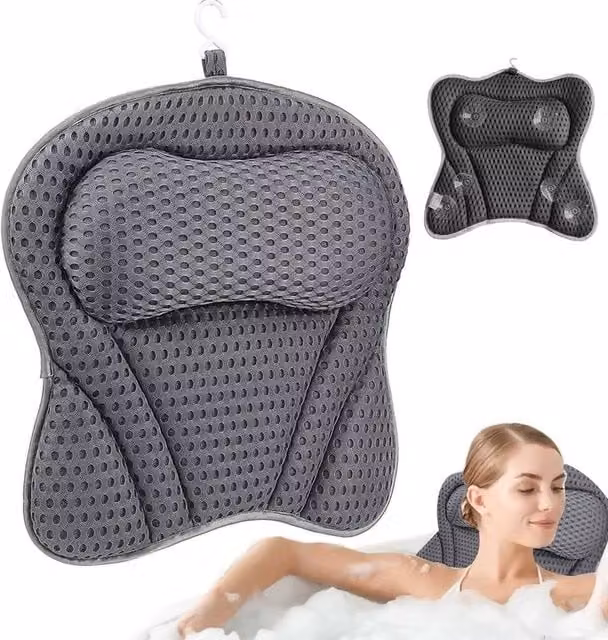 PAWNORA Luxury Waterproof Bath Pillow in Grey with Contoured 4D Breathable Mesh for Neck and Back Support – 1