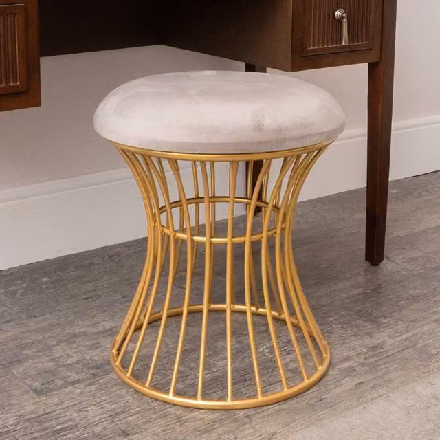 Melody Maison Beige Velvet Upholstered Dressing Table Stool with Gold and Grey Metal Frame