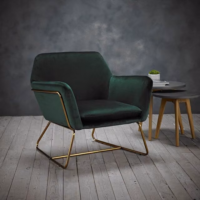 LPD Home Charles Armchair in Green Velvet with Metal Frame and Armrests