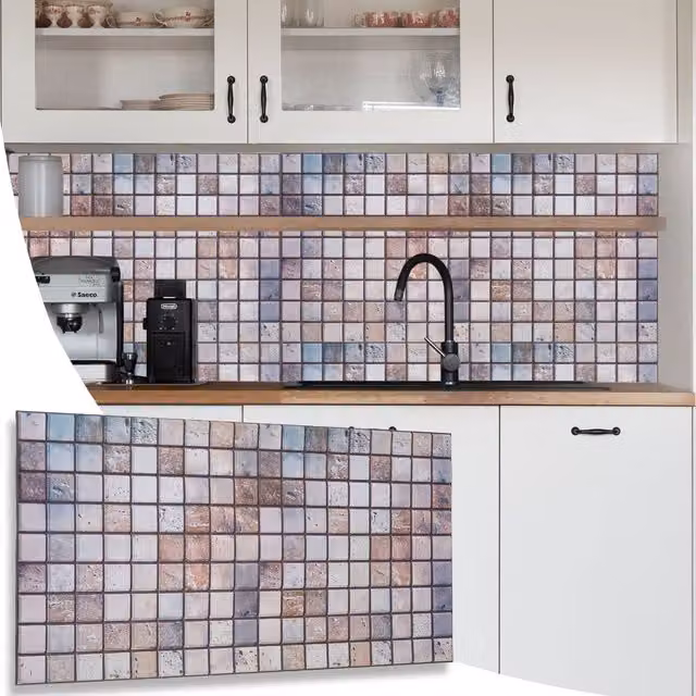 NOVECRAFTO Brown and Multicolour 3D PVC Wall Panels with Mosaic Tile Effect, W: 96 cm, H: 48 cm