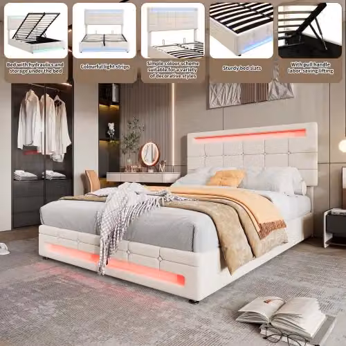 Matteo Upholstered Hydraulic Bed in Beige with Lift Up Base and Under Bed Lighting, W: 135 cm, L: 190 cm – 5