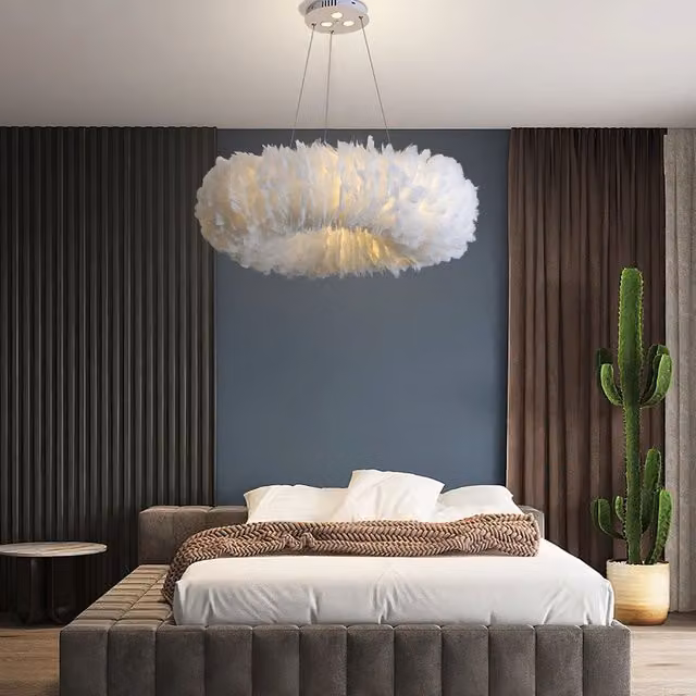 Livingandhome Chic Feather 6-Light Round Suspended Pendant Light in White