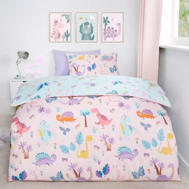 OHS Reversible Dino Floral Childrens Duvet Cover Set, Pink and Blue, 90 x 200 cm