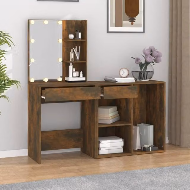 Berkfield Home LED Dressing Table with Cabinet in Smoked Oak Brown, W: 140 cm, D: 40 cm, H: 60 cm – 1