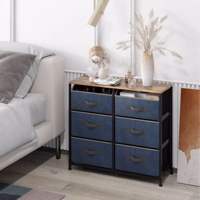 COSTWAY 6-Drawer Industrial Dresser with Shelves in Black and Blue