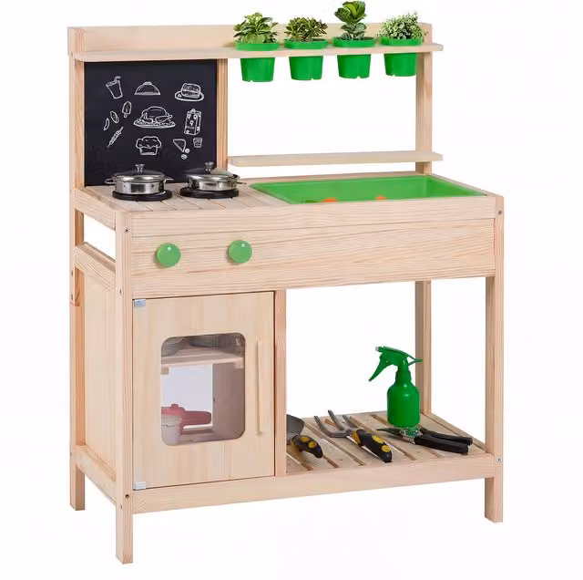 COSTWAY Kids Pretend Play Kitchen with Chalkboard in Brown and Multicolour Wood and Stainless Steel