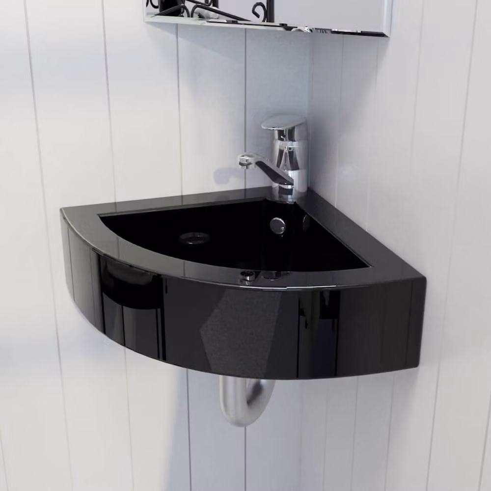 Berkfield Home Black Ceramic Corner Wash Basin with Overflow W/D/H: 45 x 32 x 12.5 cm – 2