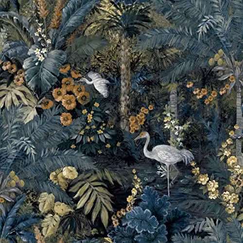 Holden Decor Outside in Jungle Paradise Navy Wallpaper 13180 with Tropical Cranes and Botanical Floral Design