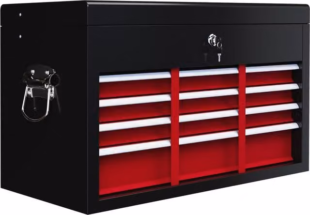 HOMCOM Red Metal 6 Drawer Tool Chest with Lockable Top Case and Ball Bearing Runners, W: 600 mm, D: 260 mm, H: 340 mm
