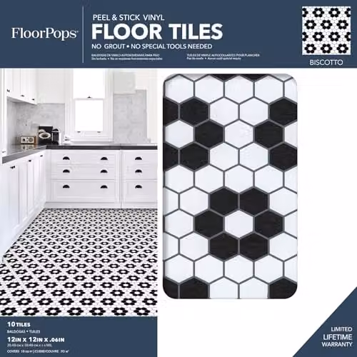 FloorPops FP3931 Biscotto Self-Adhesive Geometric Floral Tile-Look Floor Tiles, Black and White, W/D/H: 30.48 x 30.48 x 0.16 cm – 6