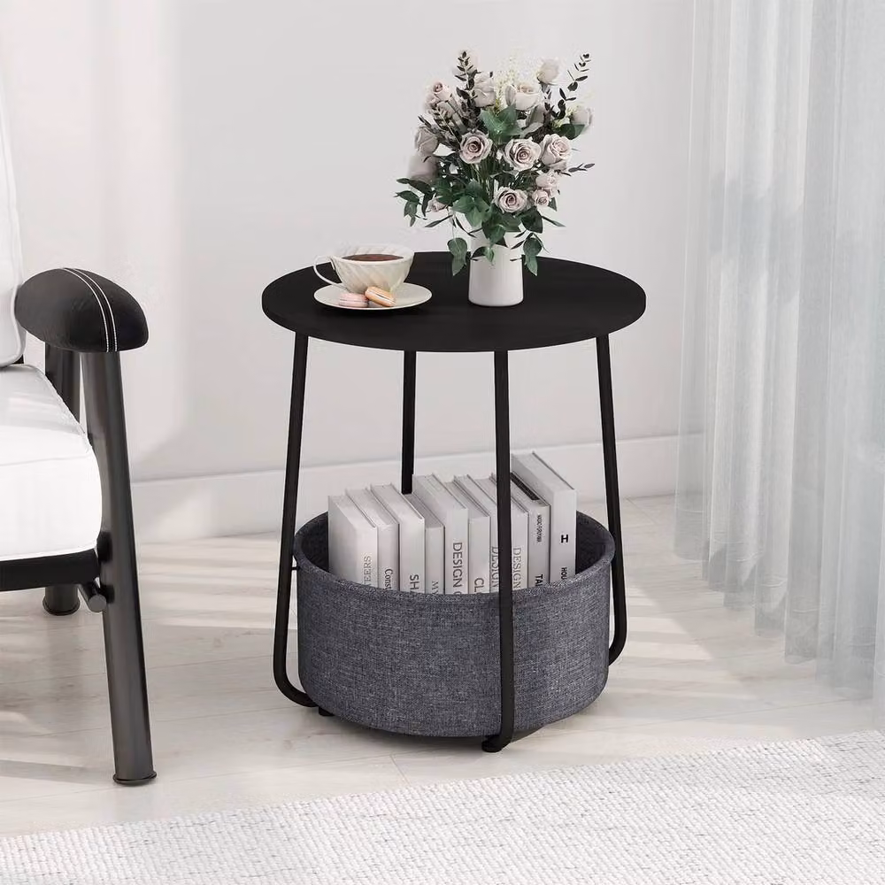FORGEVIO Modern 2-Tier Small Bedside Table and Round End Table in Matt Black Metal – 4