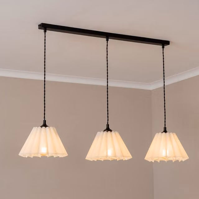 ValueLights Lauren White Pleated Shade 3 Drop Bar Ceiling Pendant Light with LED Bulbs, Matte Black