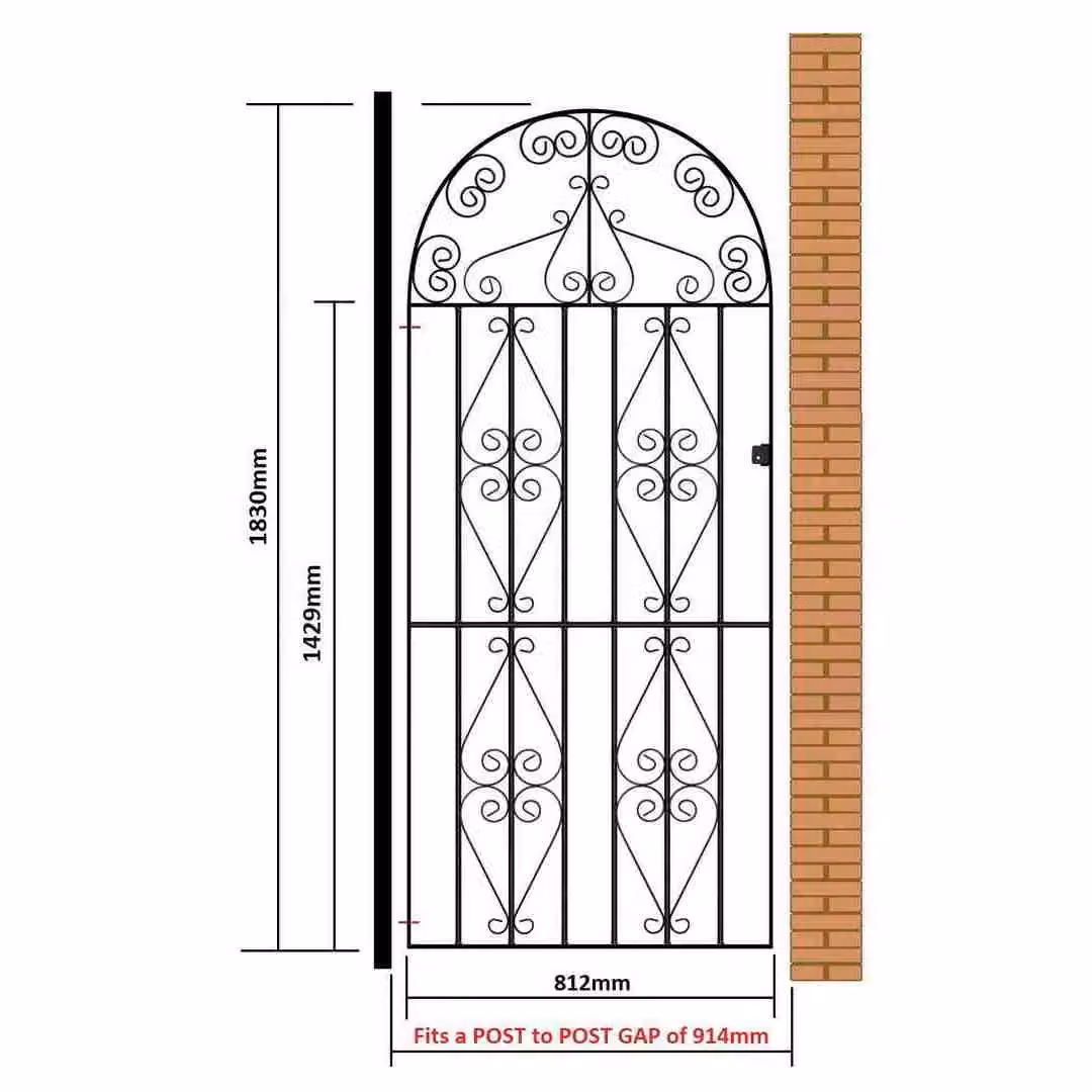 Burbage Iron Craft Stirling Scroll Tall Bow Top Single Gate in Black, W: 91.4 cm, H: 183.0 cm – 2