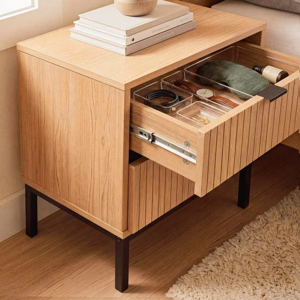 CALICOSY Tara Bedside Table with 2 Drawers in Light Brown with Grooved Wood Effect, Height: 51 cm – 5