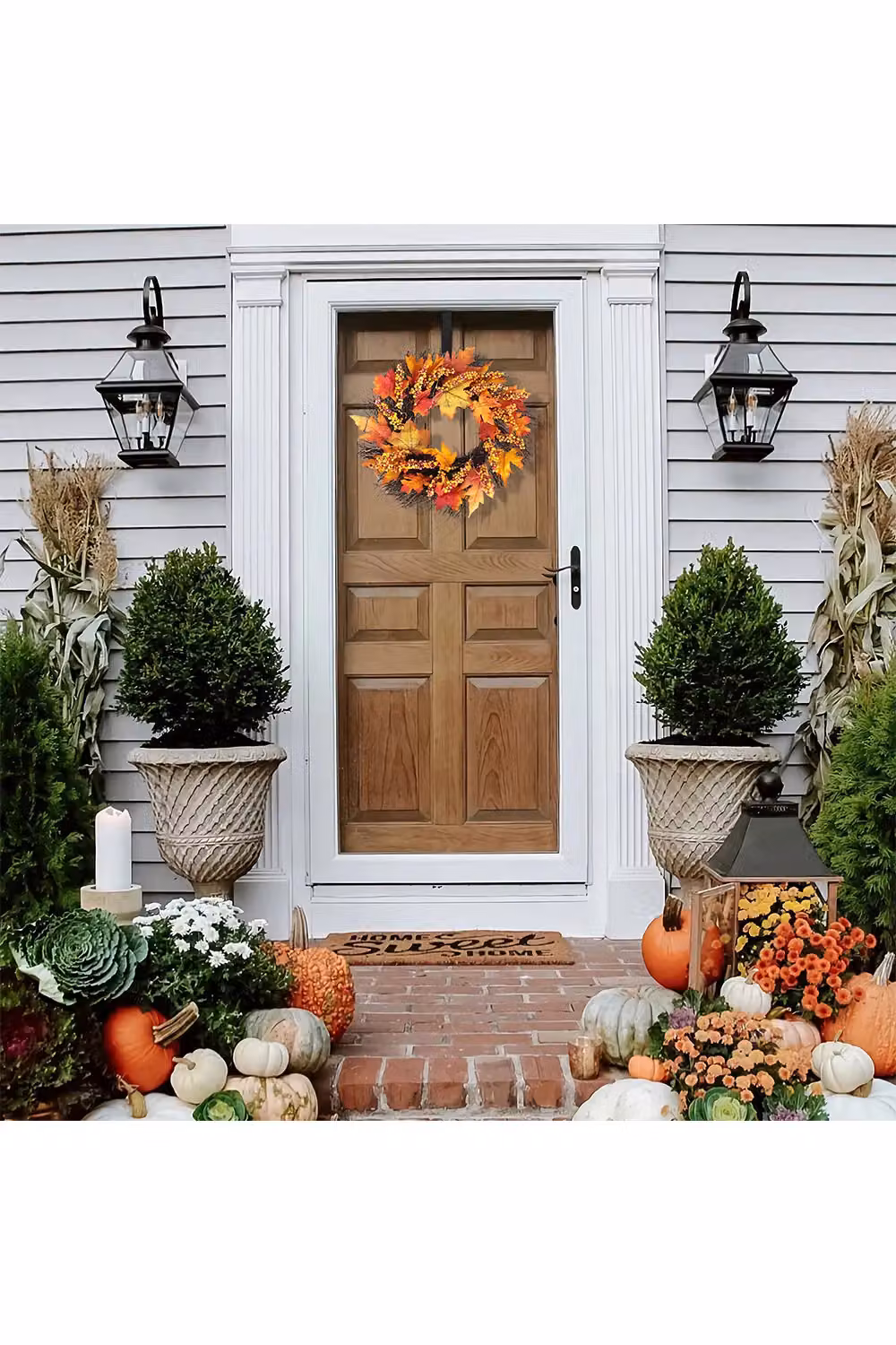 Living and Home Orange Artificial Autumn Fall Wreath with Maple Leaves, Berries and Rattan, Diameter: 45 cm – 3