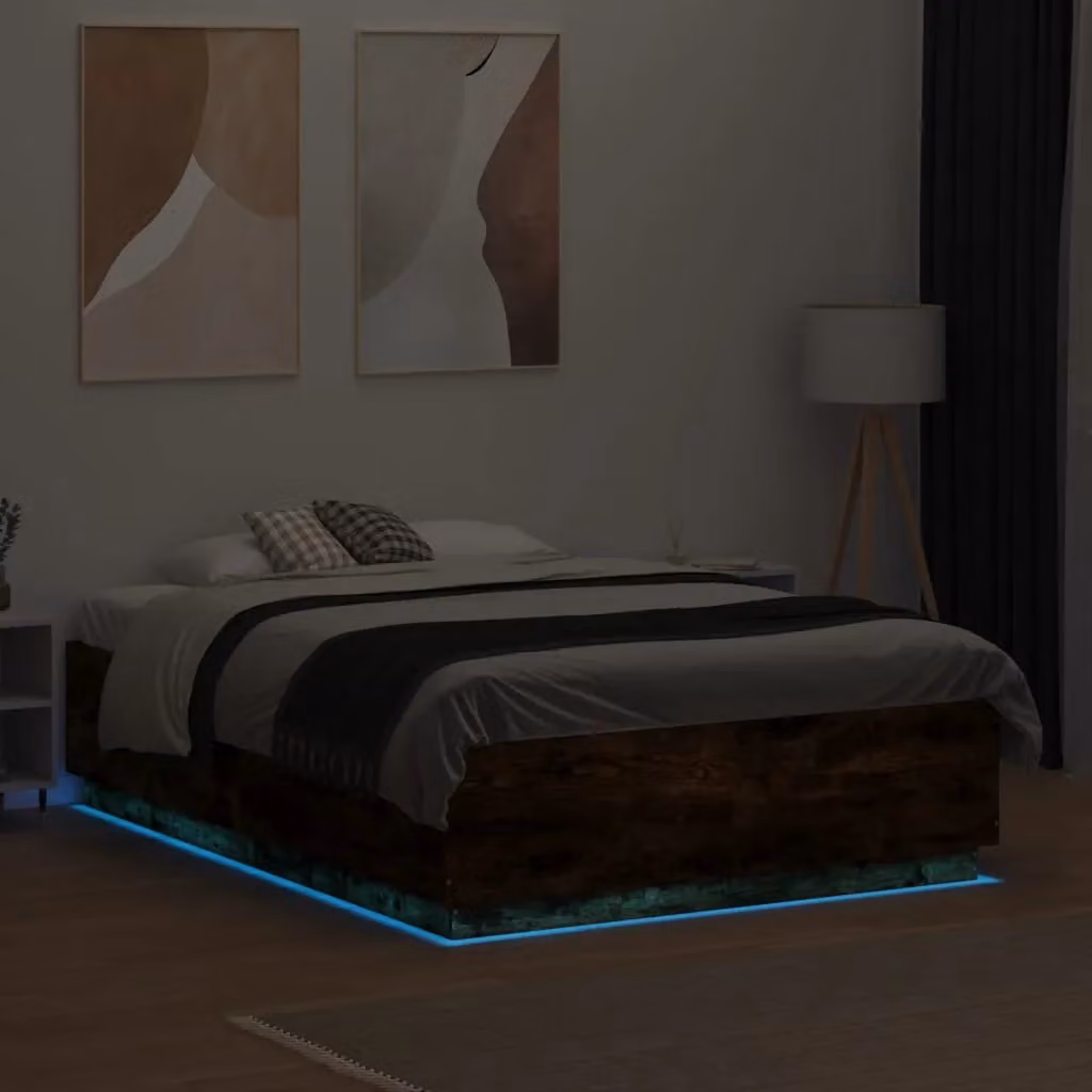 Berkfield Home Double Bed Frame with LED Under-Bed Lighting and USB Charging Port in Smoked Oak Brown, W: 135 cm, L: 190 cm – 3