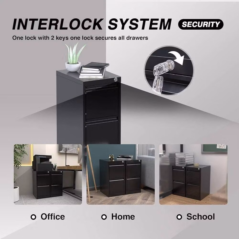 VOGREX Lockable 2-Drawer Vertical Metal Filing Cabinet in Matt Black – 5