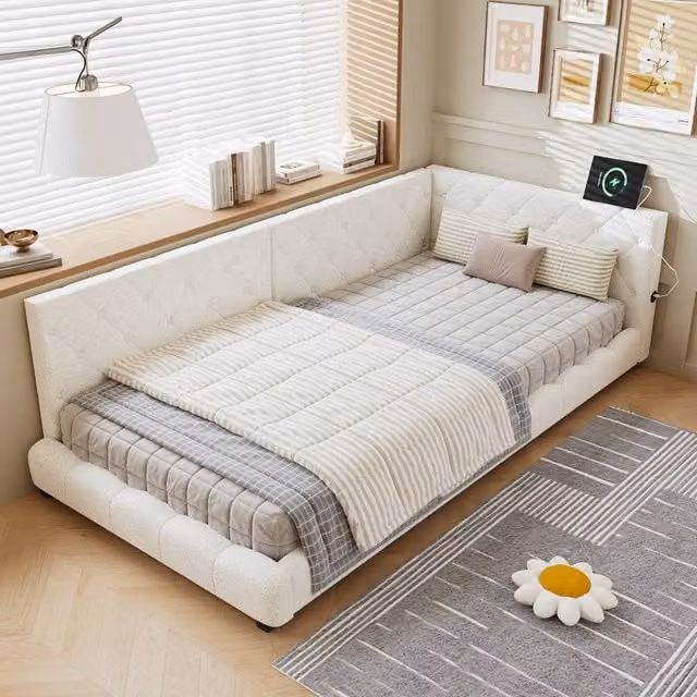 Matteo Modern Upholstered Single Bed in Beige Velvet, W/D/H: 90 x 190 x 91.44 cm