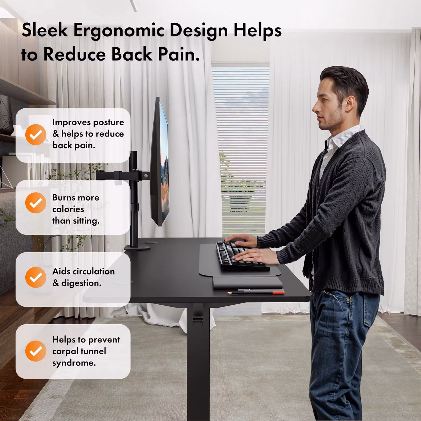 VonHaus Electric Height Adjustable Standing Desk with USB-C Charging in Matt Black – 3