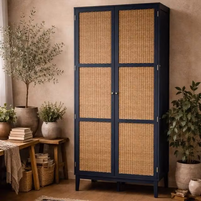 Wyld Haus Waterford Blue Oak and Rattan 2 Door Wardrobe, W: 100 cm, D: 55.5 cm, H: 180.6 cm