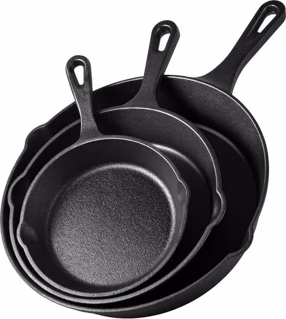 VonShef 3-Piece Pre-Seasoned Non-Stick Cast Iron Skillet Pan Set in Black, Diameter: 15 cm, 20 cm, 25 cm