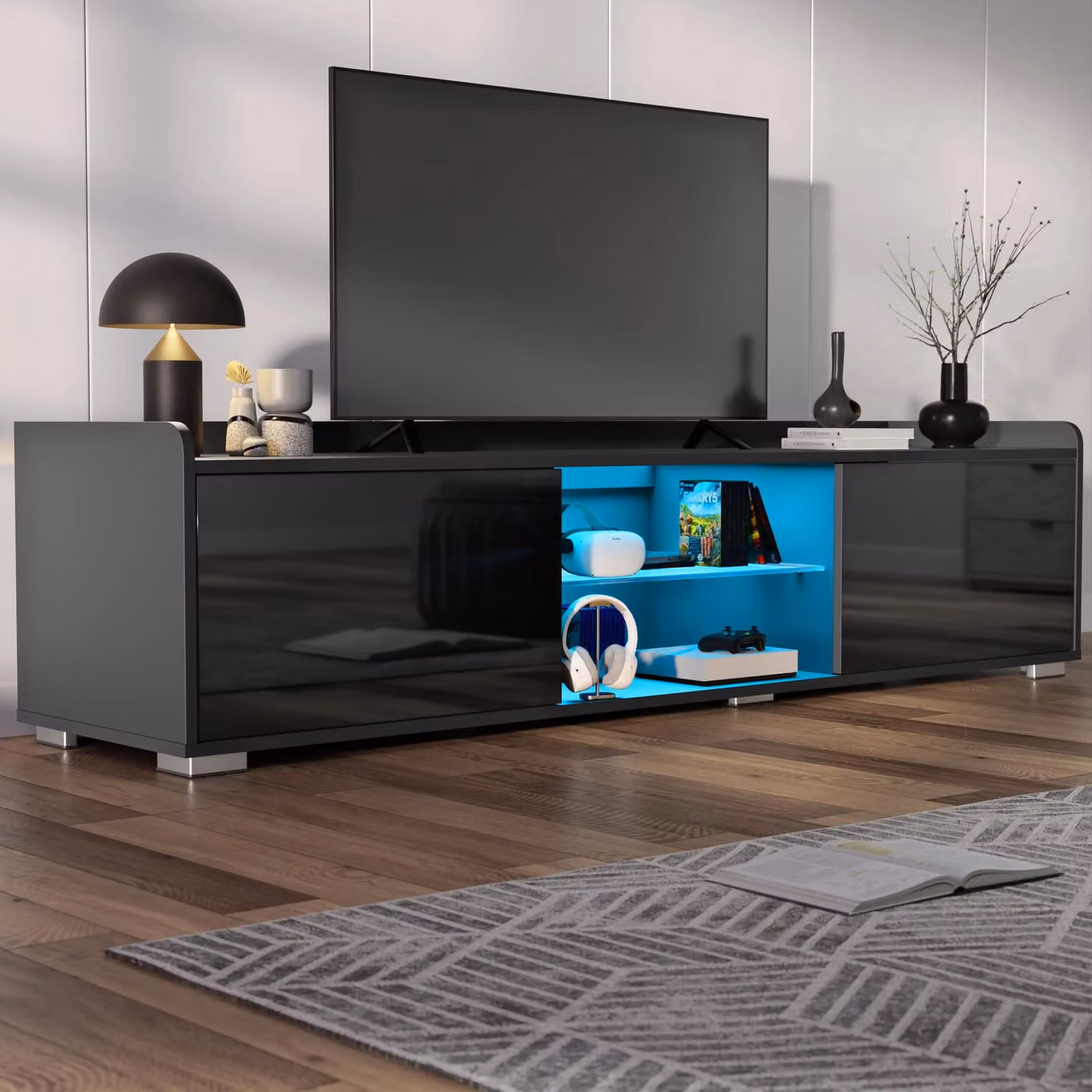 DHS Modern Black High Gloss TV Unit with Integrated LED Lighting and 2 Door Storage Cabinets