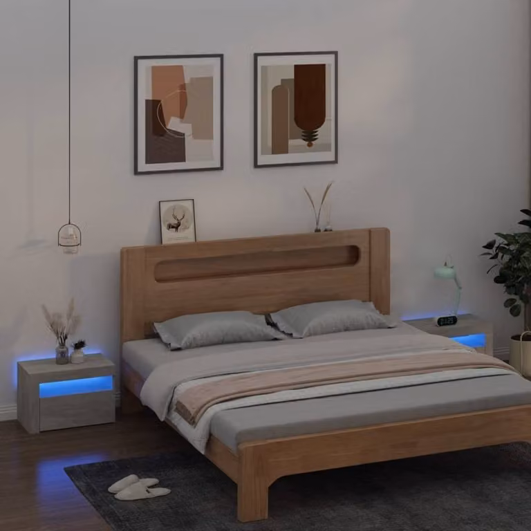 Berkfield Home Modern Bedside Cabinets, 2 Piece Set in Concrete Grey with Integrated LED Lighting, W/D/H: 60 x 35 x 40 cm