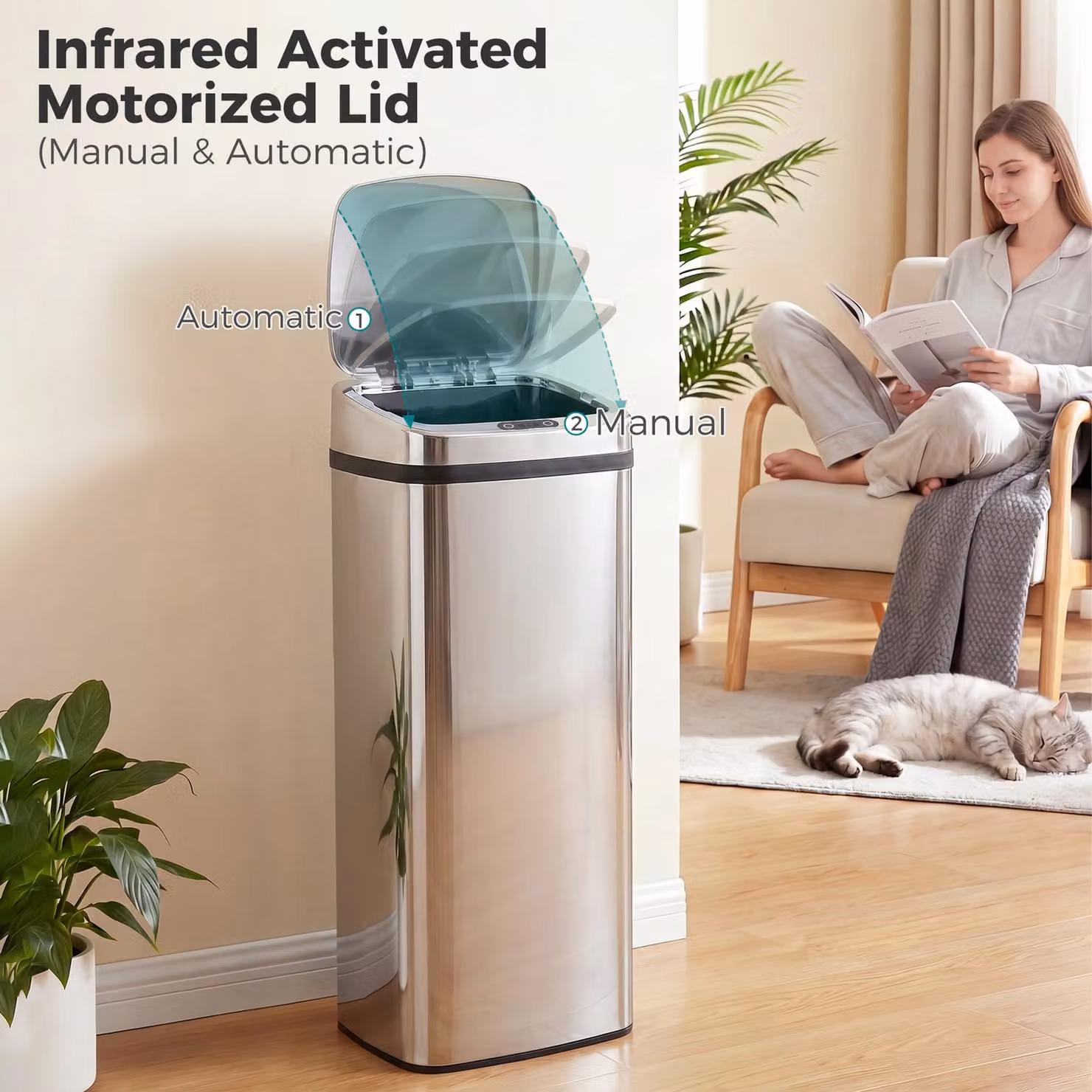 HOMCOM 50L Infrared Touchless Automatic Motion Sensor Dustbin in Silver Stainless Steel – 4