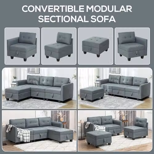 HOMCOM Convertible Modular L-Shape Sectional Sofa with Storage and Sleeping Function, Grey Fabric Upholstery with Solid Wood Frame – 3