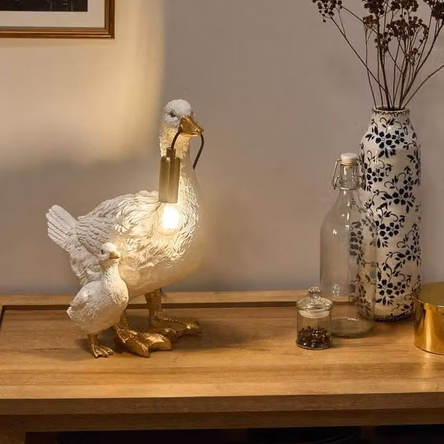Wyld and Coco White Duck Polyresin LED Table Lamp for Bedroom and Living Room, H 40 cm x W 33 cm x D 21 cm – 1