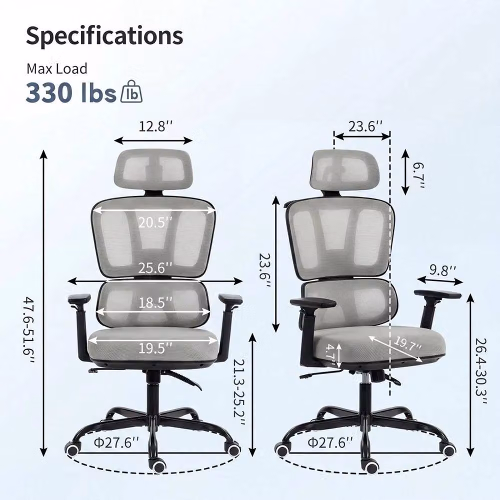 VOGREX Ergonomic High Back Mesh Office Chair with Headrest and Armrests in Grey – 2