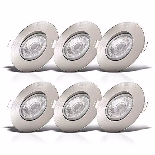 B.K.Licht Set of 6 Dimmable and Adjustable LED Recessed Downlights in Silver Metal, Warm White