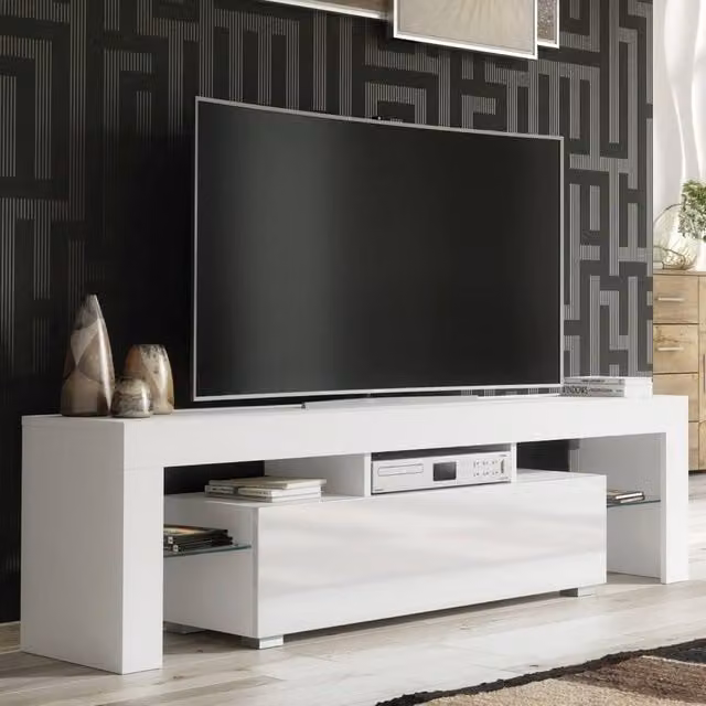 Creative Furniture Aria Modern TV Unit in White with Glossy MDF and Glass Doors, W: 160 cm, D: 45 cm, H: 35 cm