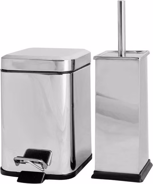 Havendro Bathroom Pedal Bin 3L and Toilet Brush Holder Set in Metallic Silver Stainless Steel – 1