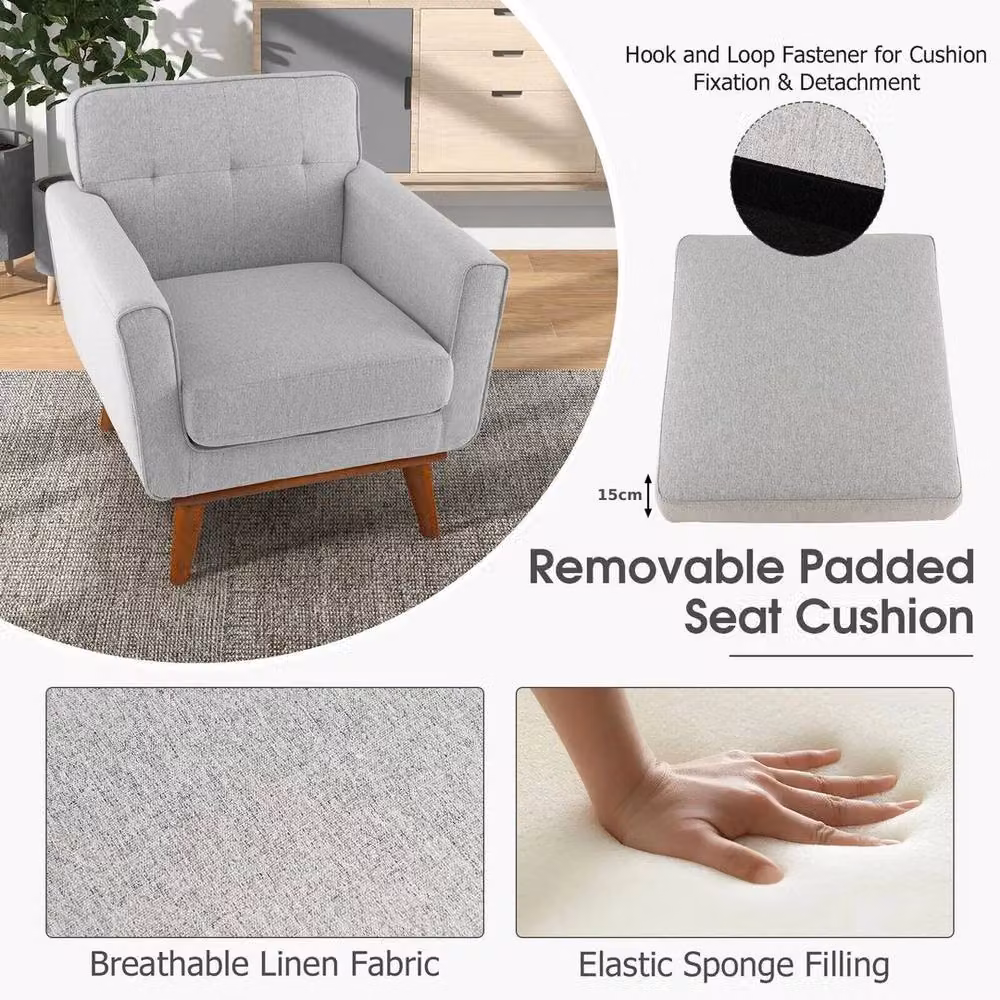 KORVIXA Grey Linen Fabric Tub Armchair with Solid Rubberwood Frame, W/D/H: 100 x 100 x 100 cm – 4