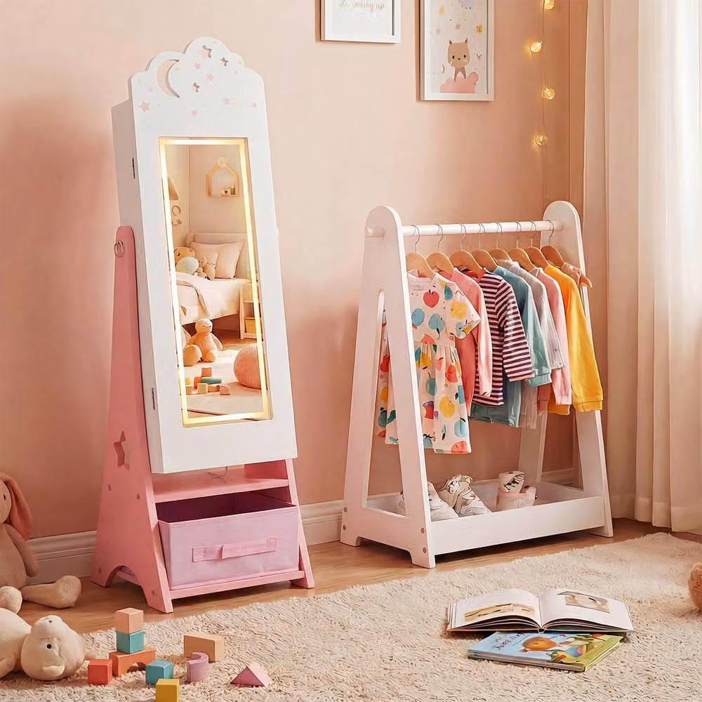 Costway Kids Jewelry Cabinet with LED Lighting and Full-Length Mirror in White – 3