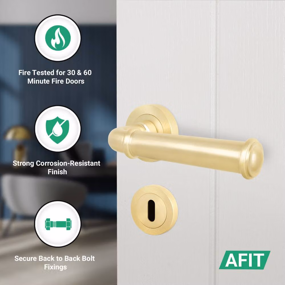AFIT Satin Brass Fire Door Handle and Key Lock Set with Gold Hinges – 2
