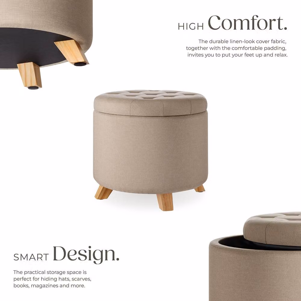 tectake Suna Round Padded Stool with Large Storage Space in Light Sand – 3